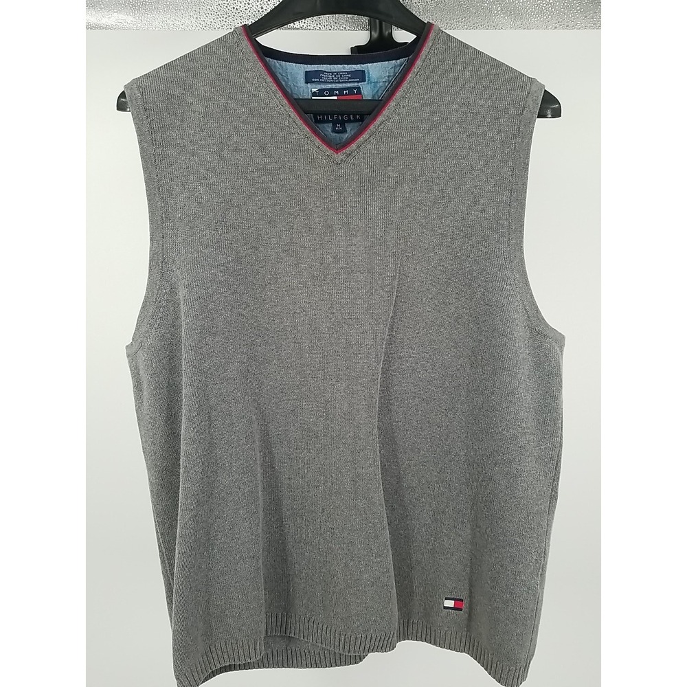 Tommy Hilfiger Mens Golf Vest Size Medium Gray Cotton Knit V-Neck Pullover 77806